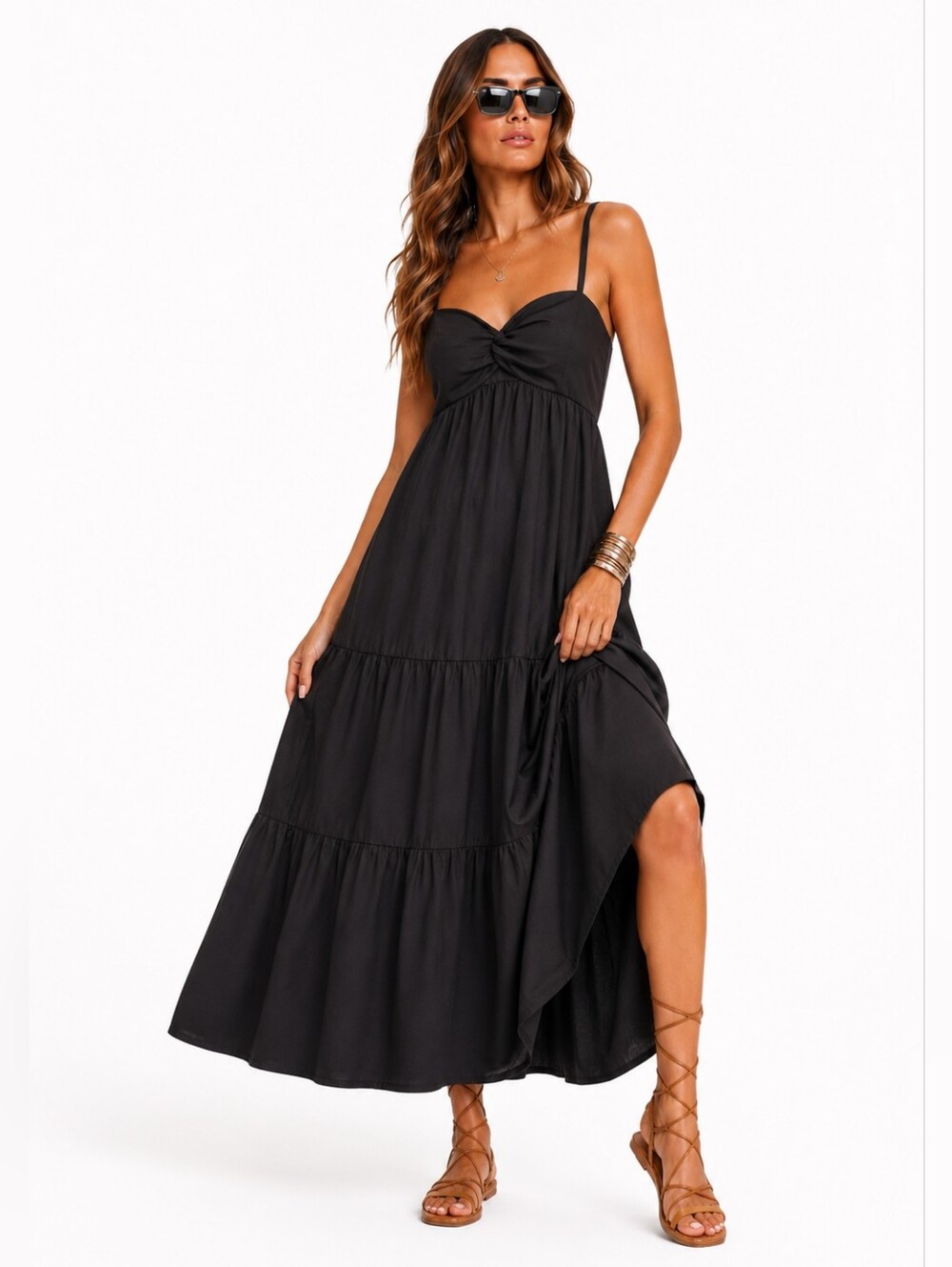 Free Assembly NWT Black Tiered Maxi Dress 100% Cotton Adjustable Strap Size M